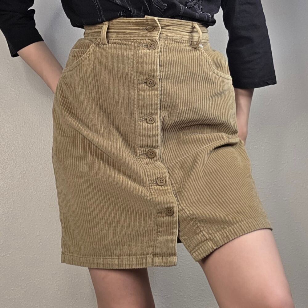 Vintage Corduroy Button Front Skirt Tan Eddie Bauer Academia Minimalist Cotton